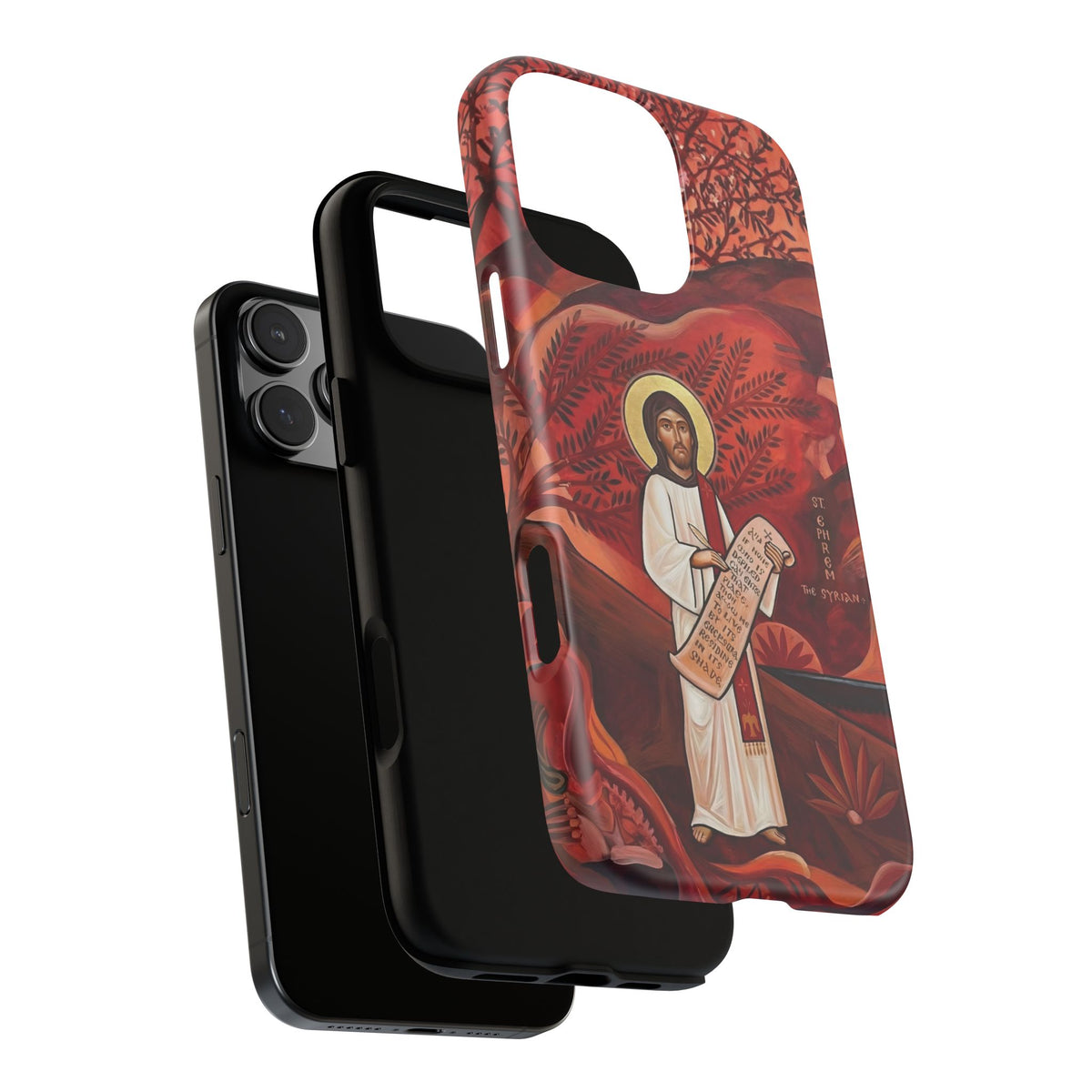 Christelijk telefoonhoesje Sint-Efrem de Syriër rood mat