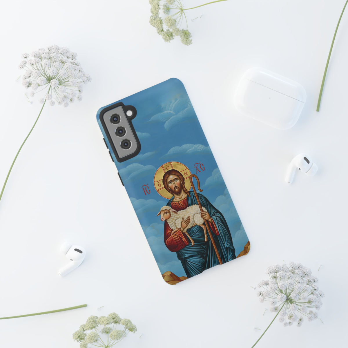 Christelijk telefoonhoesje De Goede Herder blauw mat