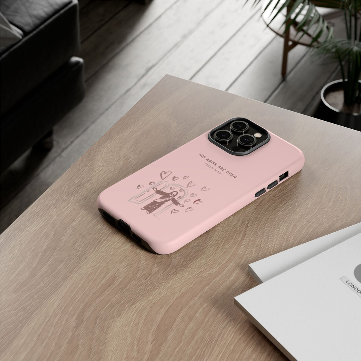 Christelijk telefoonhoesje Zijn armen staan open roze mat