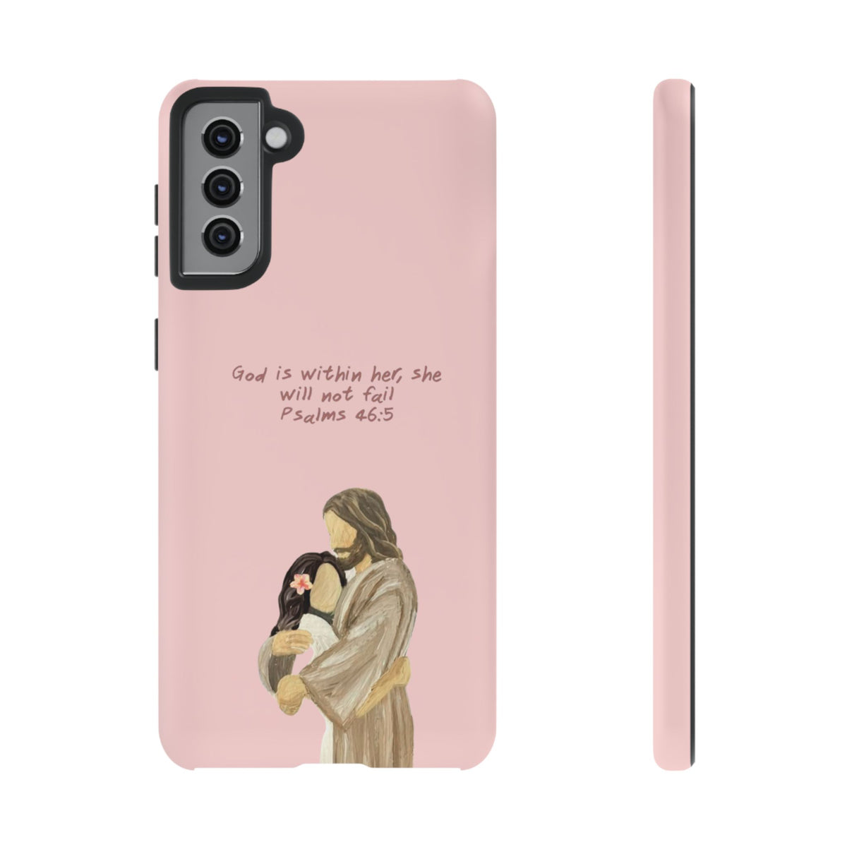 Christelijk telefoonhoesje God is in haar roze mat