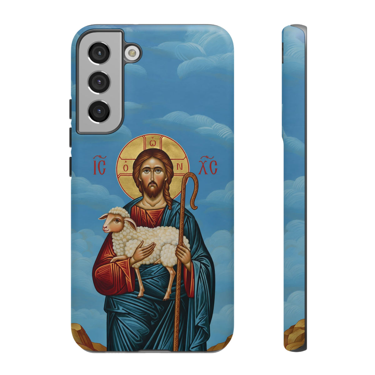Christelijk telefoonhoesje De Goede Herder blauw mat