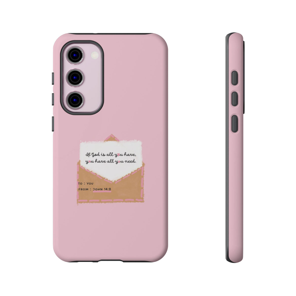Christelijk telefoonhoesje God is alles wat je nodig hebt roze mat