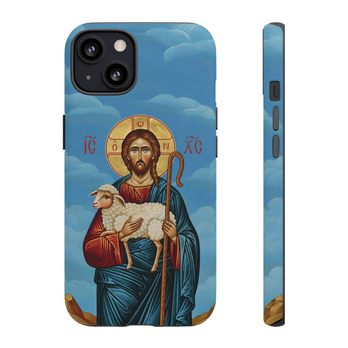Christelijk telefoonhoesje De Goede Herder blauw mat