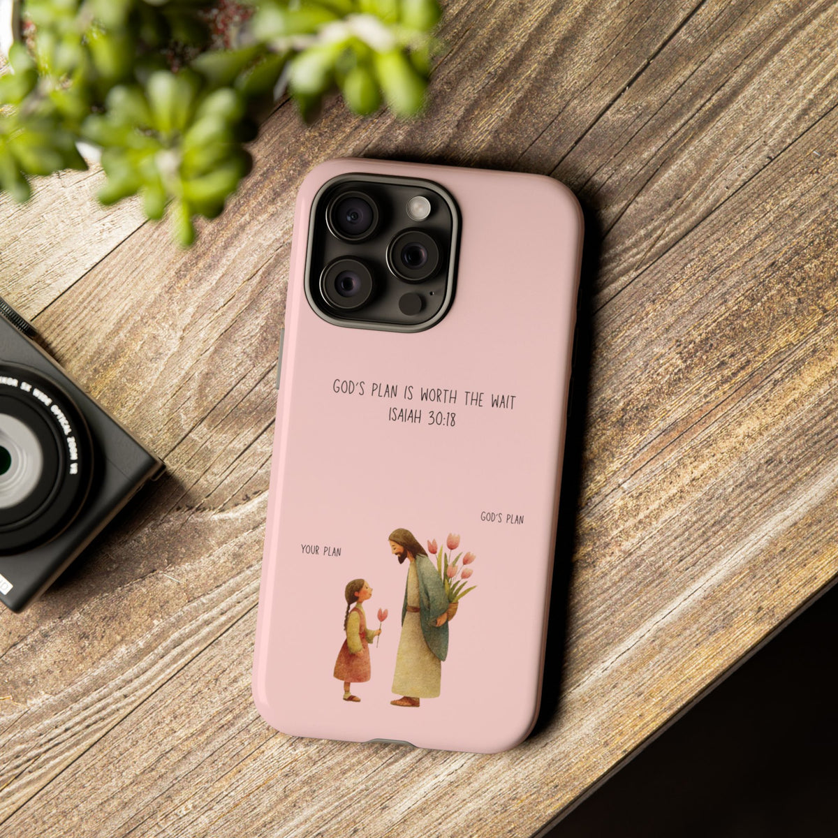 Christelijk telefoonhoesje Gods plan is beter roze mat