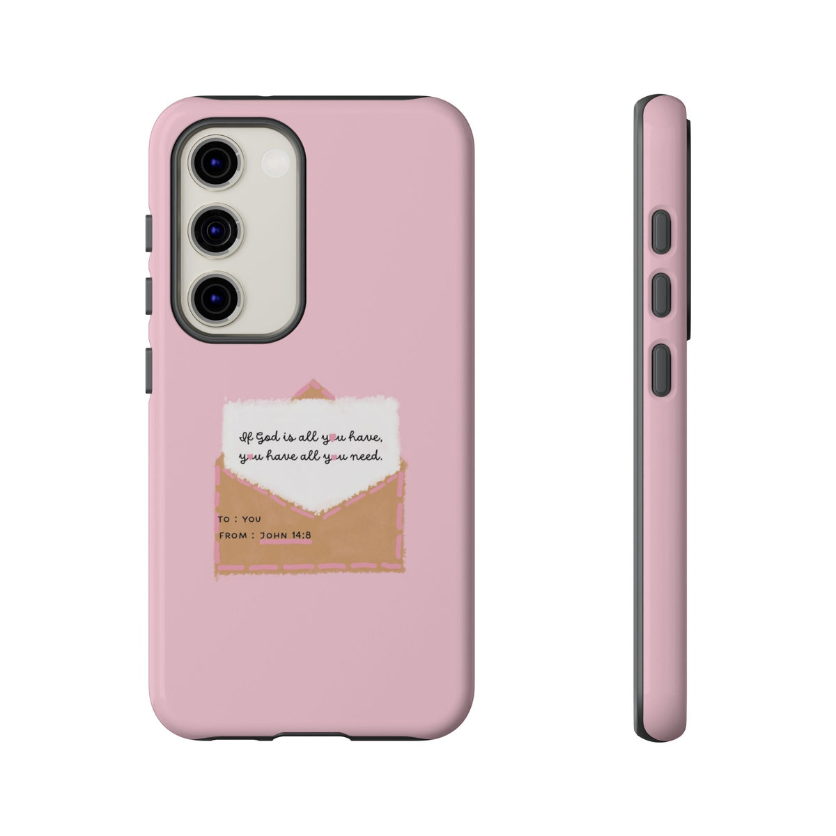 Christelijk telefoonhoesje God is alles wat je nodig hebt roze mat