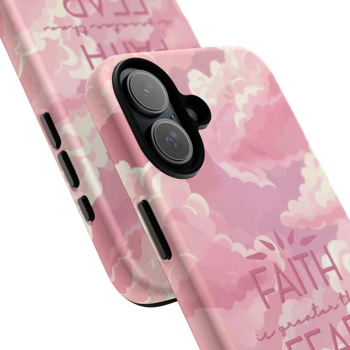 Christelijk telefoonhoesje Geloof is sterker dan angst roze mat
