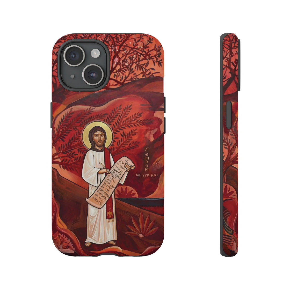 Christelijk telefoonhoesje Sint-Efrem de Syriër rood mat