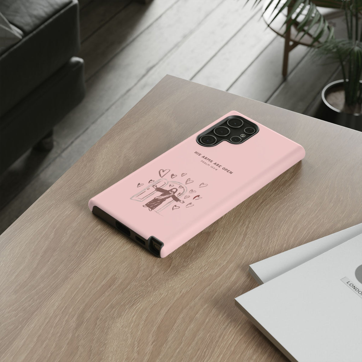 Christelijk telefoonhoesje Zijn armen staan open roze mat