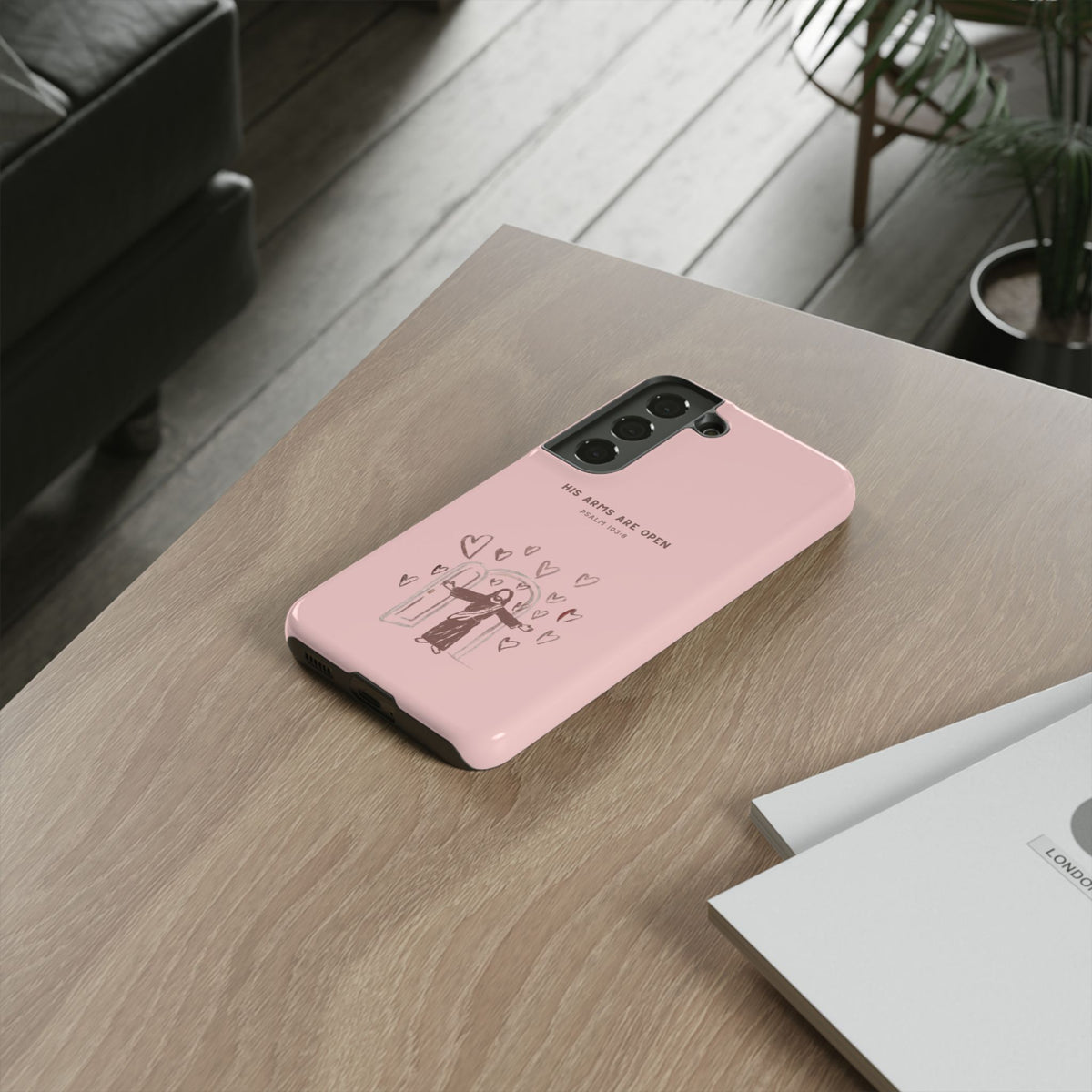 Christelijk telefoonhoesje Zijn armen staan open roze mat