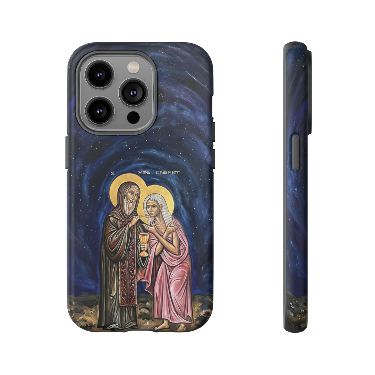 Christelijk telefoonhoesje Maria van Egypte en Sint-Zosimas donkerblauw mat
