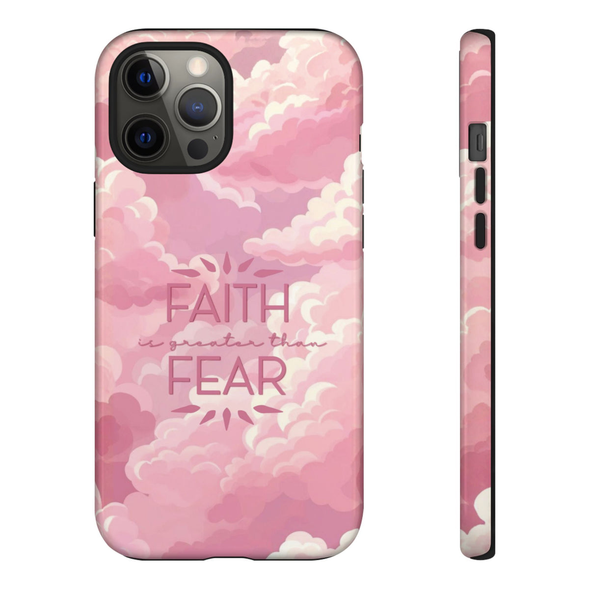 Christelijk telefoonhoesje Geloof is sterker dan angst roze mat