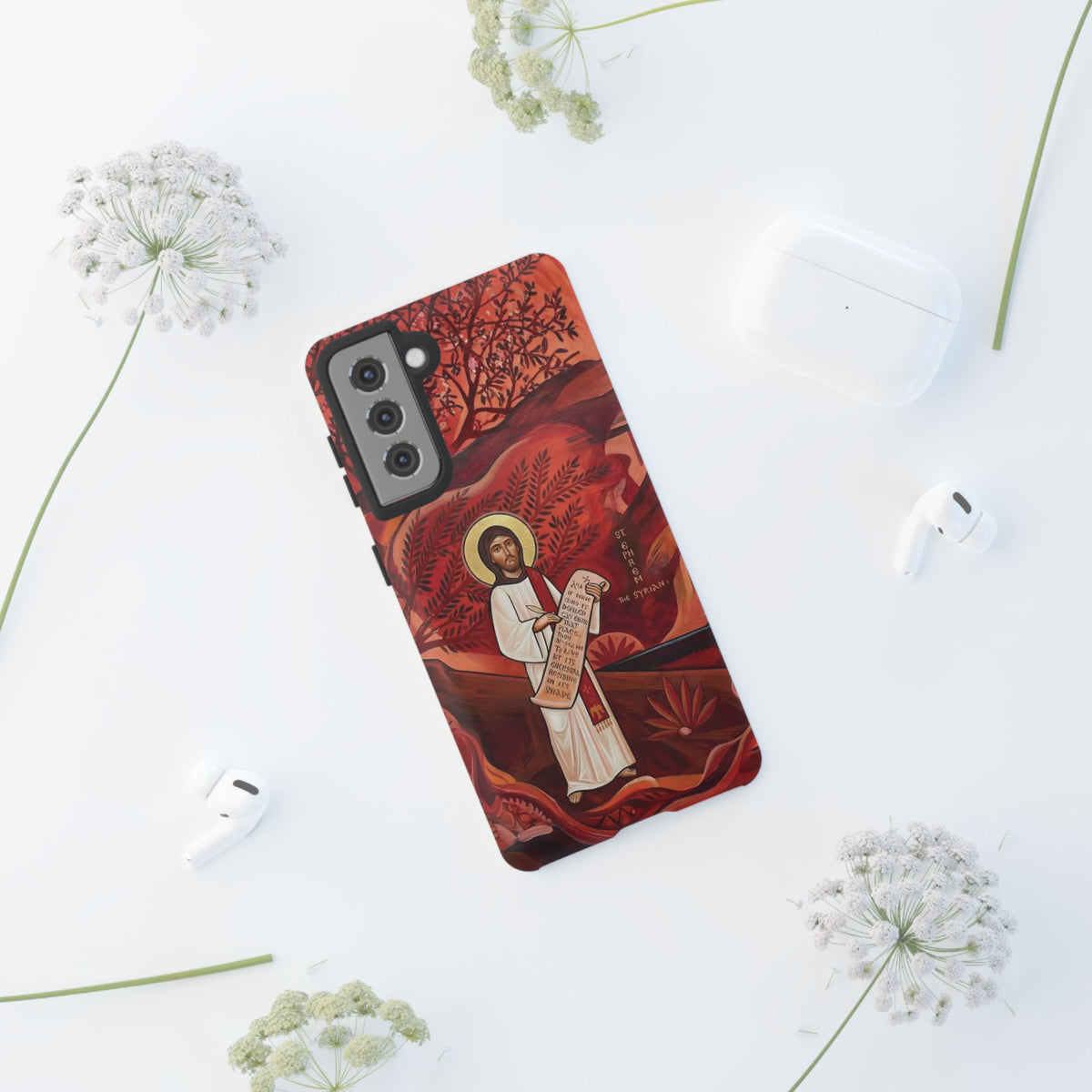 Christelijk telefoonhoesje Sint-Efrem de Syriër rood mat