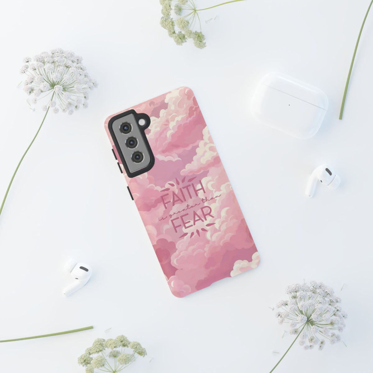 Christelijk telefoonhoesje Geloof is sterker dan angst roze mat