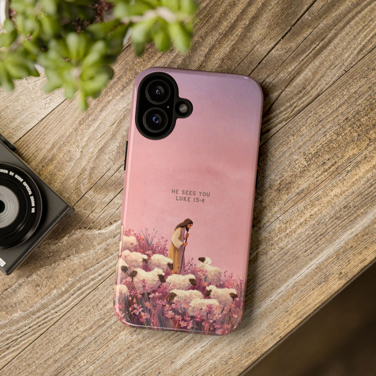 Christelijk telefoonhoesje Hij ziet jou roze mat