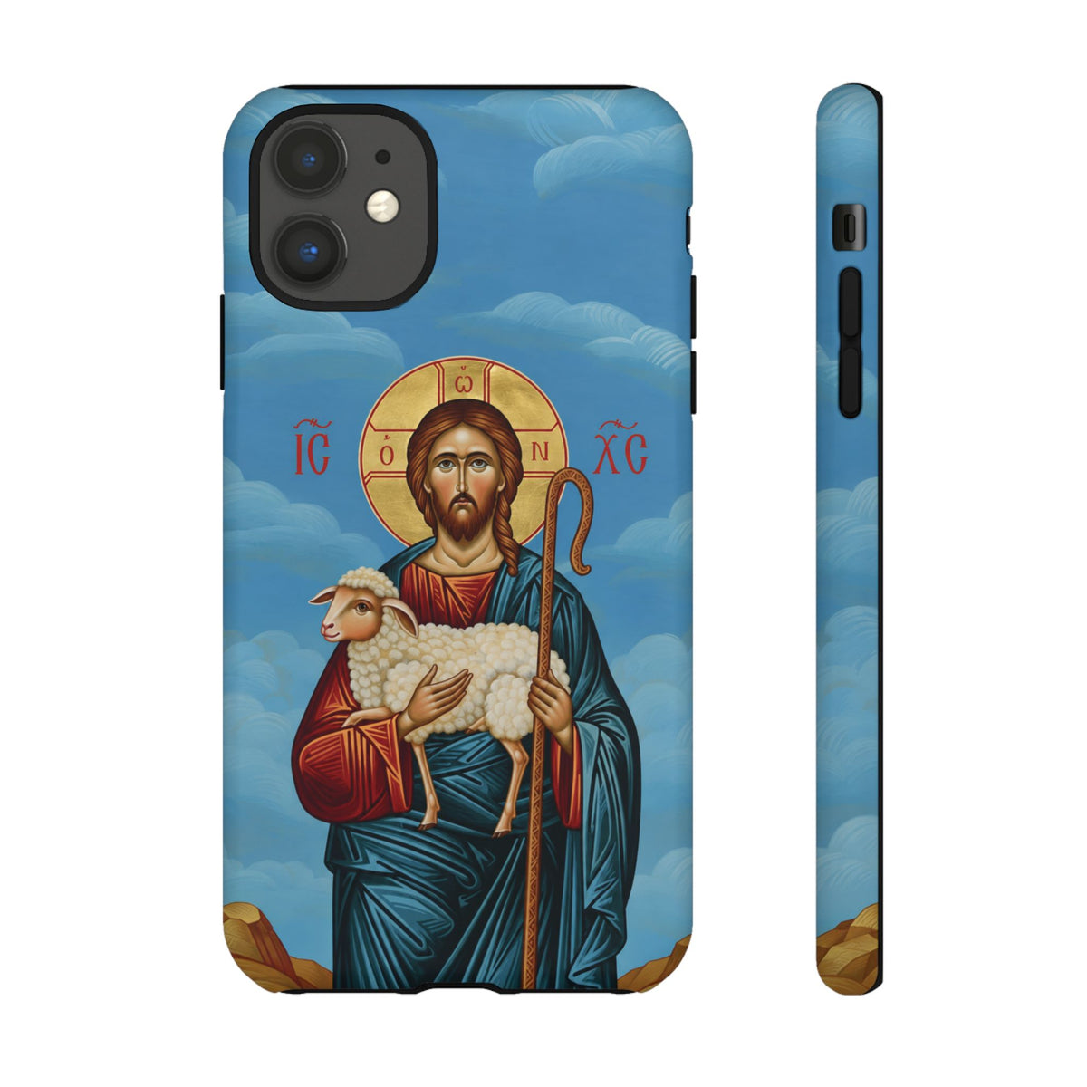 Christelijk telefoonhoesje De Goede Herder blauw mat