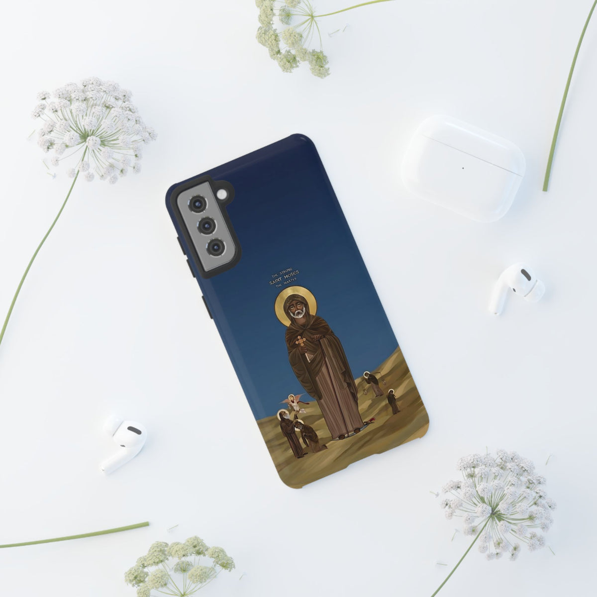 Christelijk telefoonhoesje Sint-Mozes de Sterke blauw mat