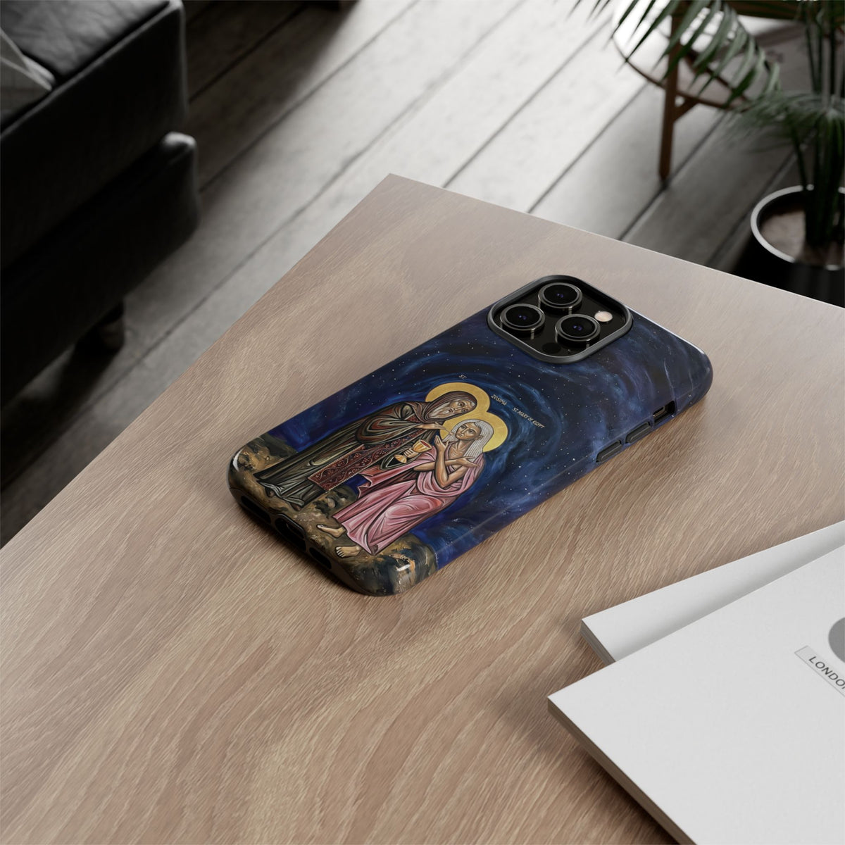 Christelijk telefoonhoesje Maria van Egypte en Sint-Zosimas donkerblauw mat