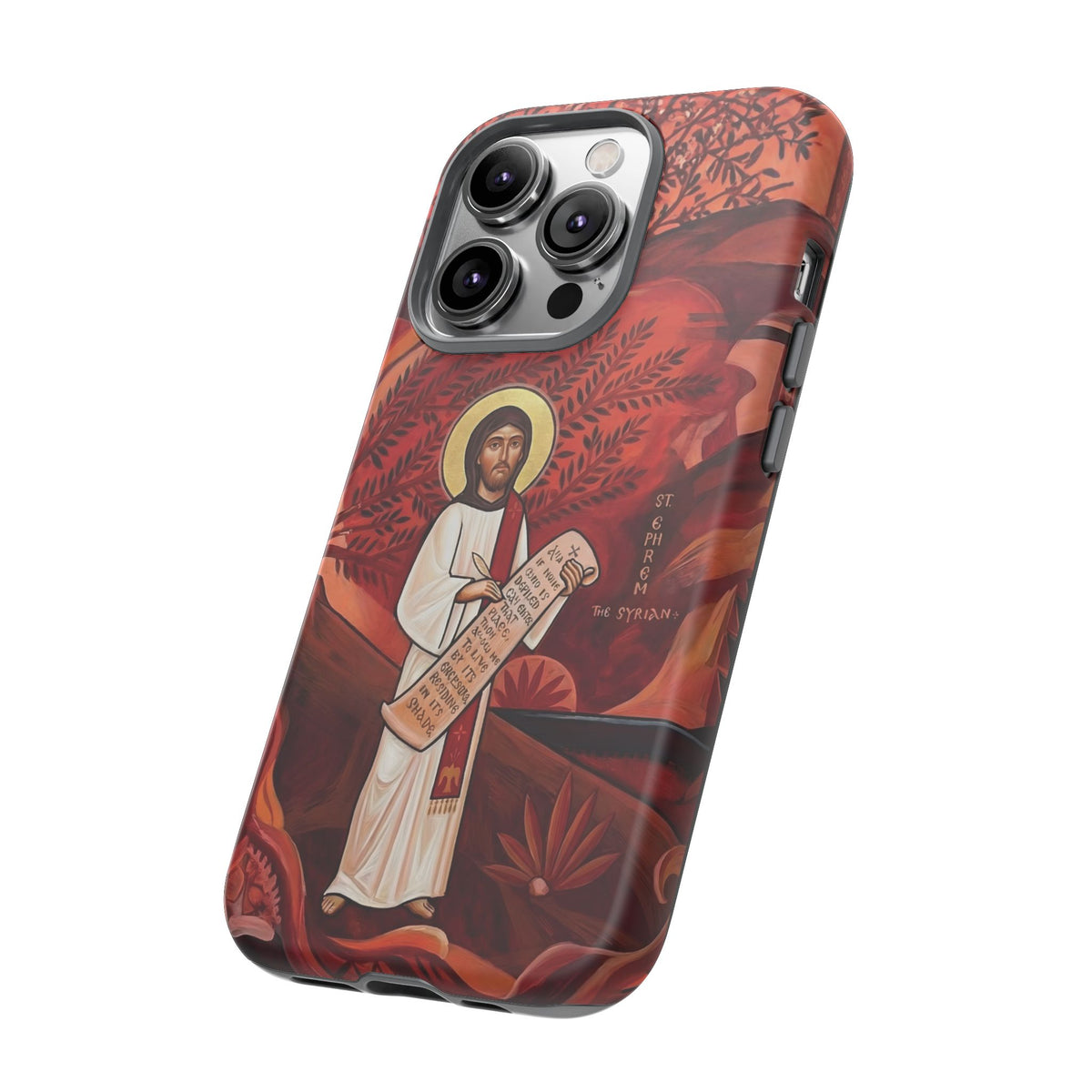 Christelijk telefoonhoesje Sint-Efrem de Syriër rood mat
