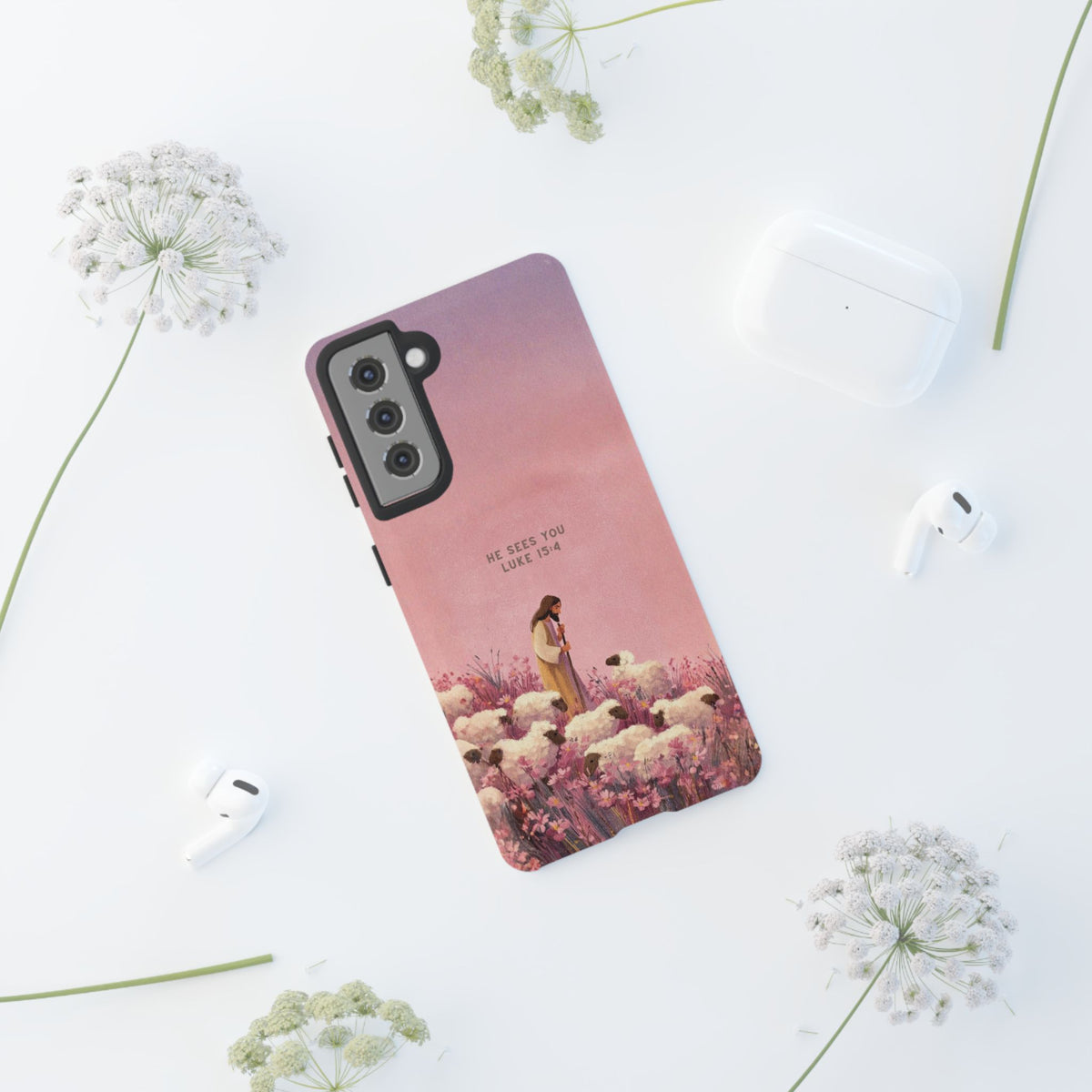 Christelijk telefoonhoesje Hij ziet jou roze mat