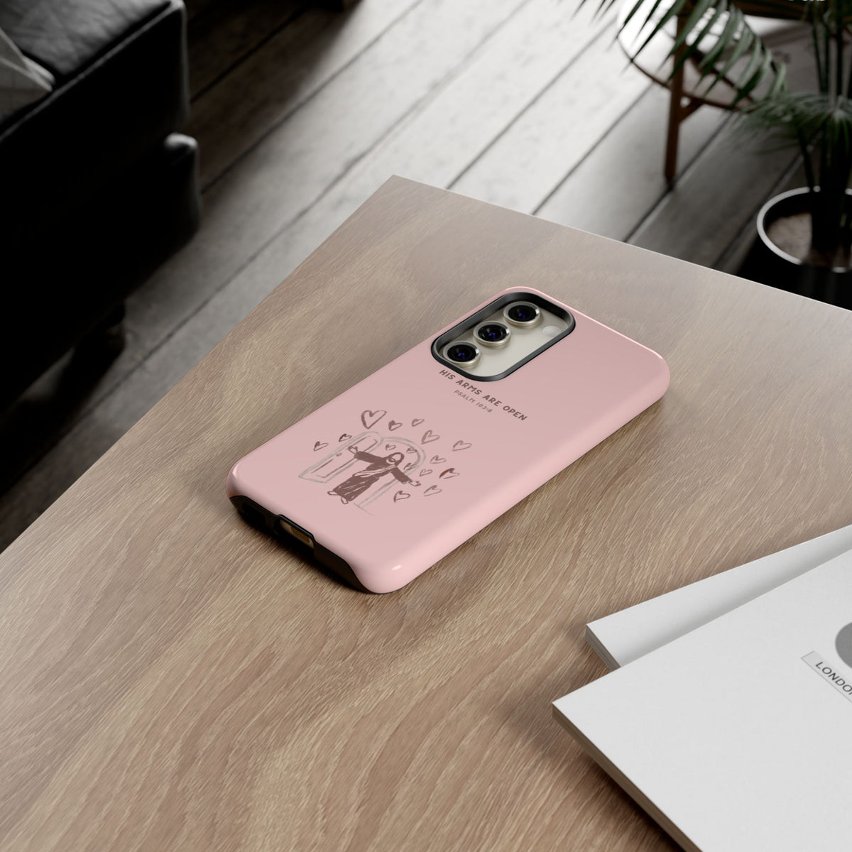 Christelijk telefoonhoesje Zijn armen staan open roze mat