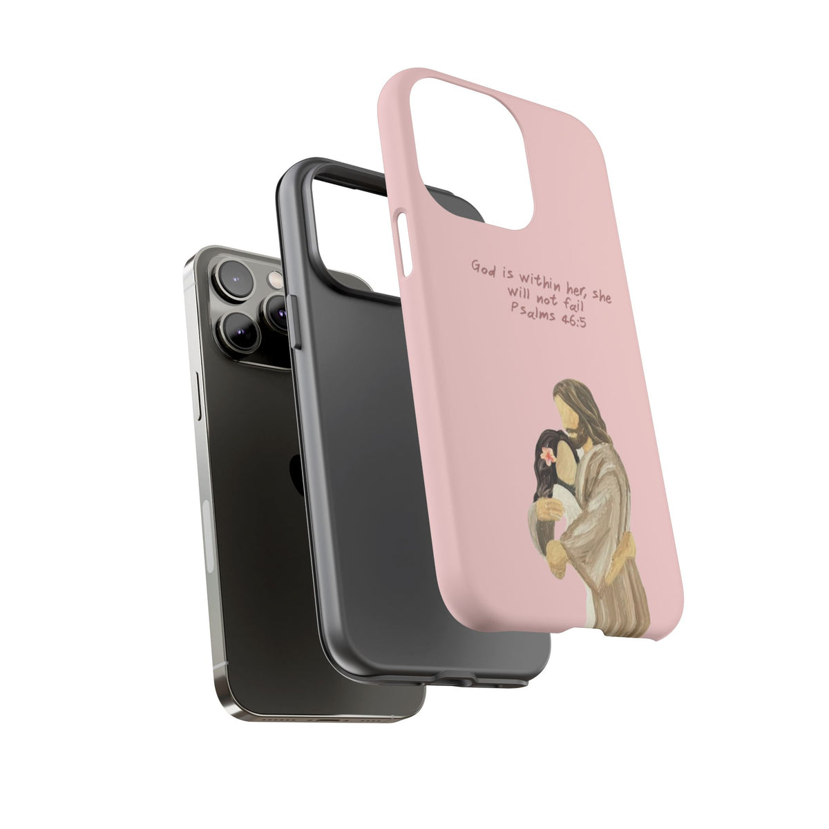 Christelijk telefoonhoesje God is in haar roze mat