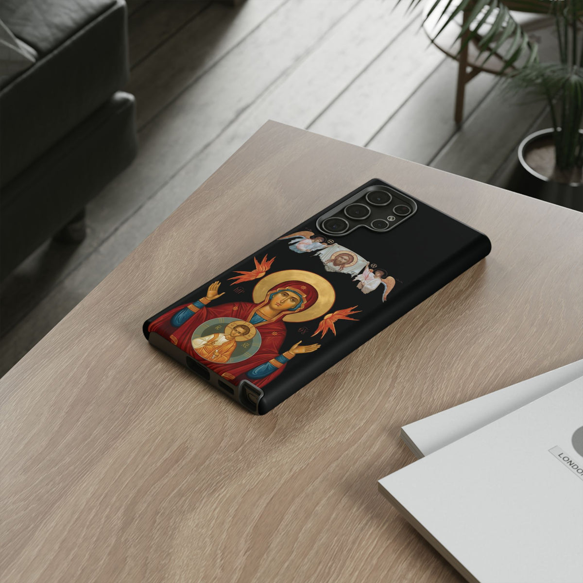 Christelijk telefoonhoesje De Heilige Maagd Maria zwart mat