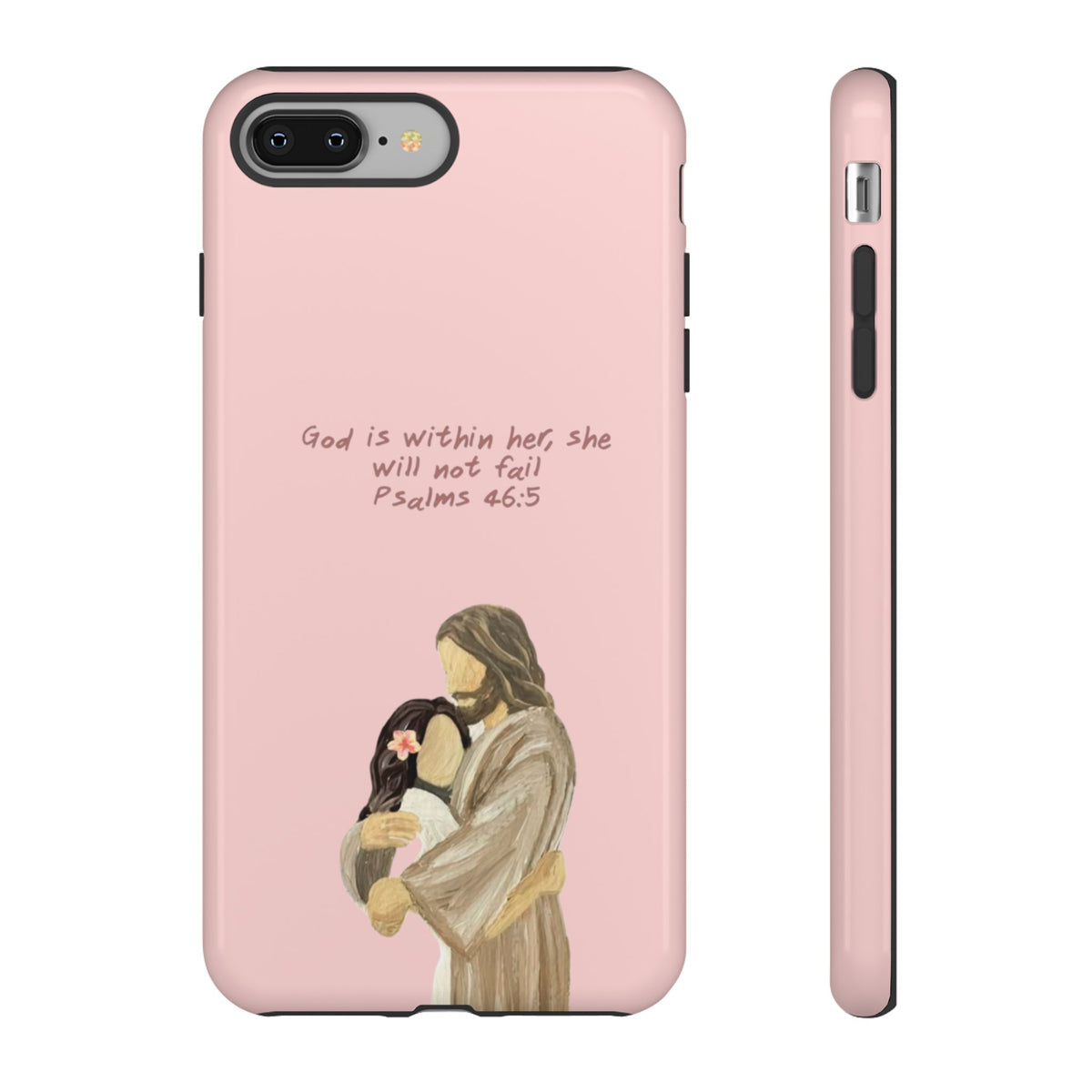 Christelijk telefoonhoesje God is in haar roze mat