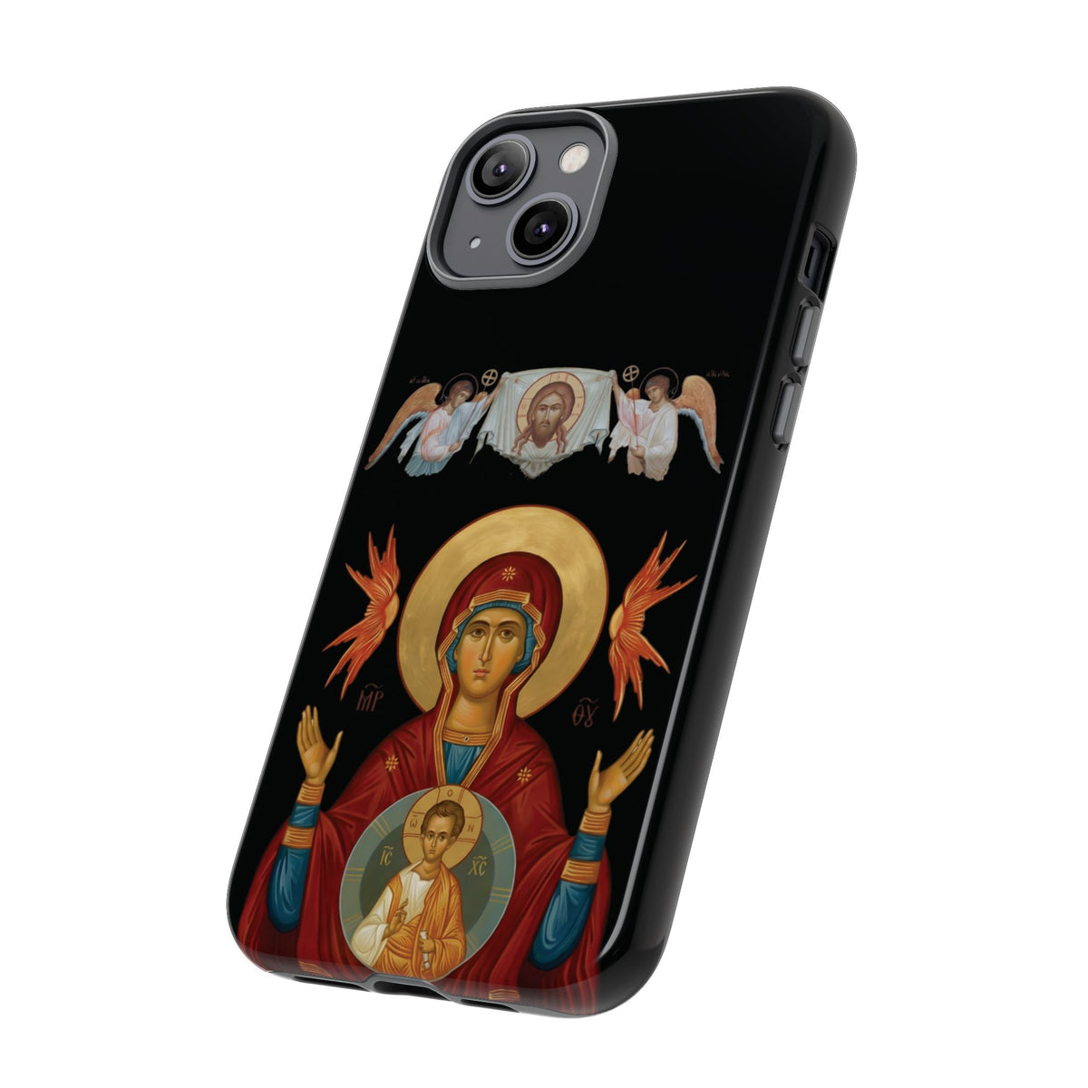 Christelijk telefoonhoesje De Heilige Maagd Maria zwart mat