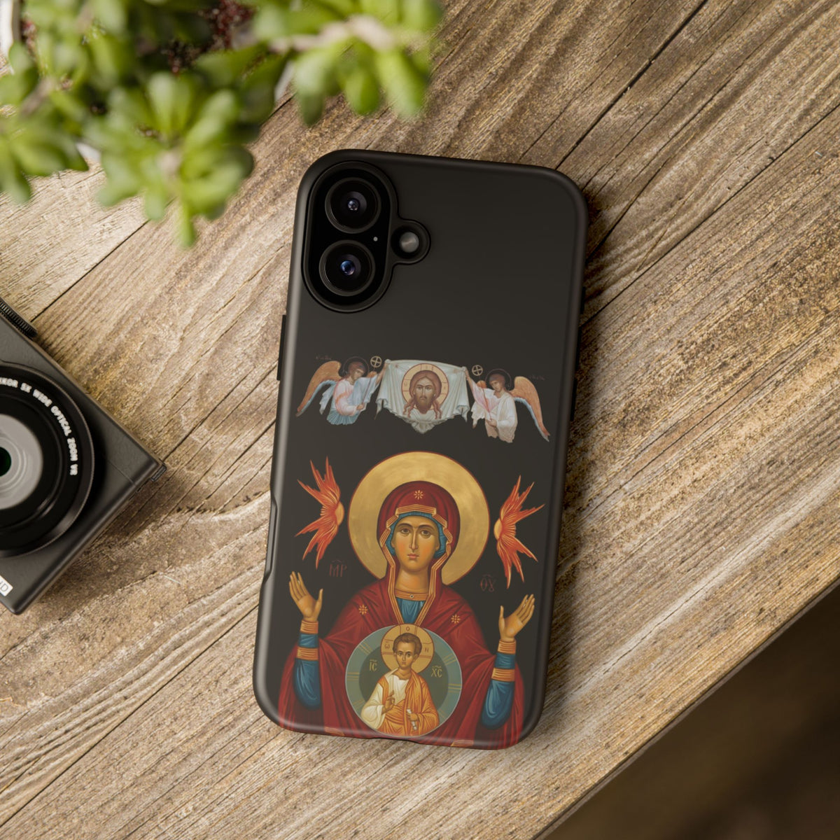 Christelijk telefoonhoesje De Heilige Maagd Maria zwart mat