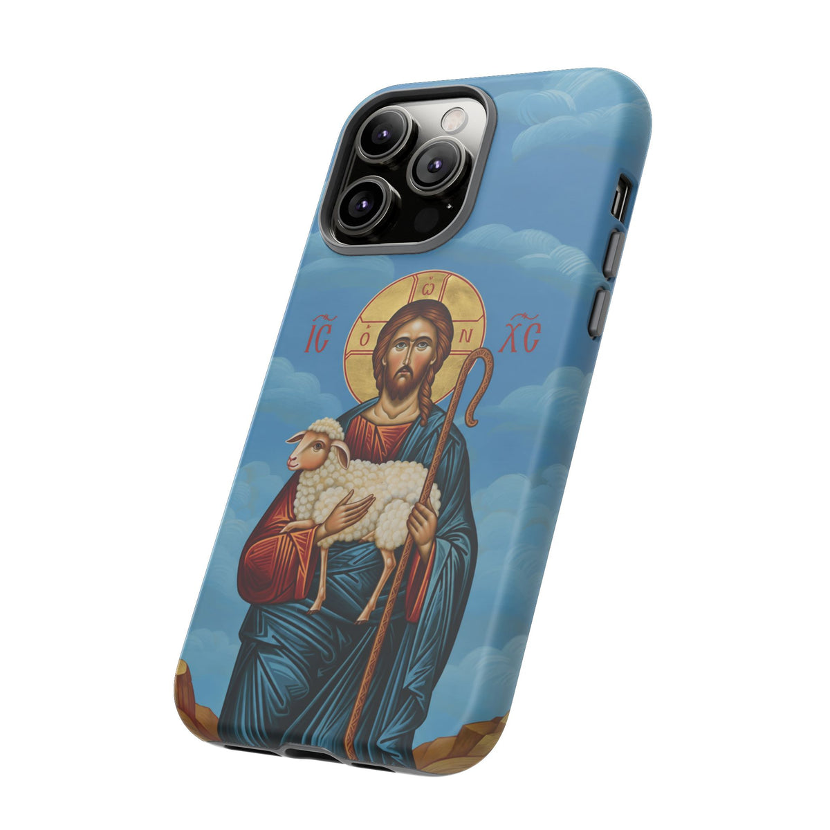 Christelijk telefoonhoesje De Goede Herder blauw mat
