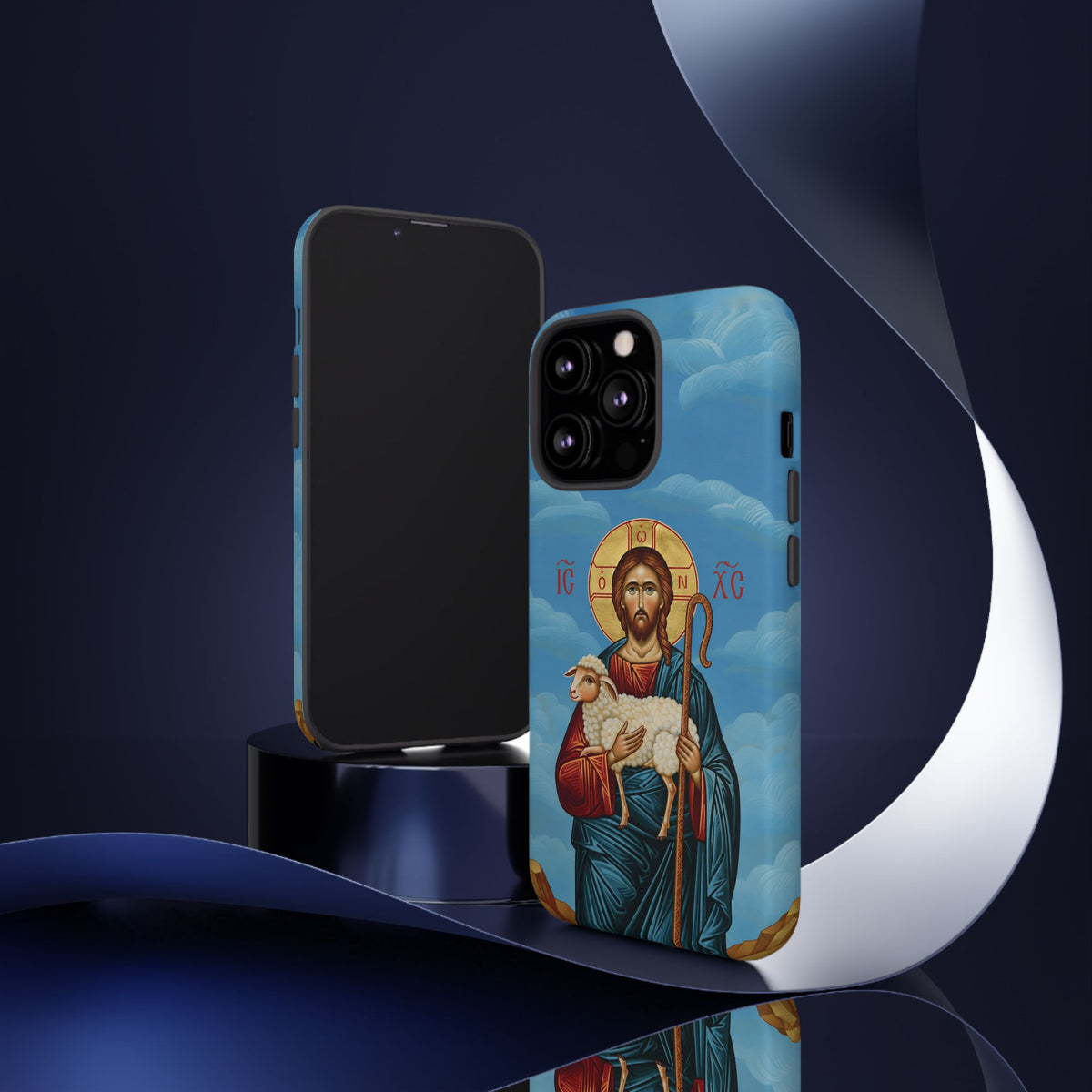 Christelijk telefoonhoesje De Goede Herder blauw mat