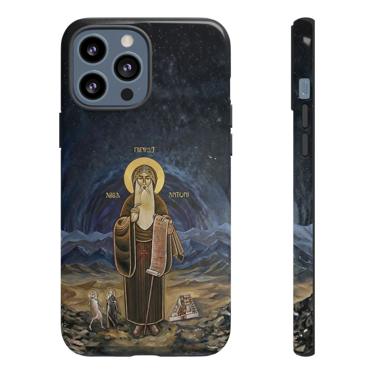 Christelijk telefoonhoesje Sint-Antonius de Grote donkerblauw mat