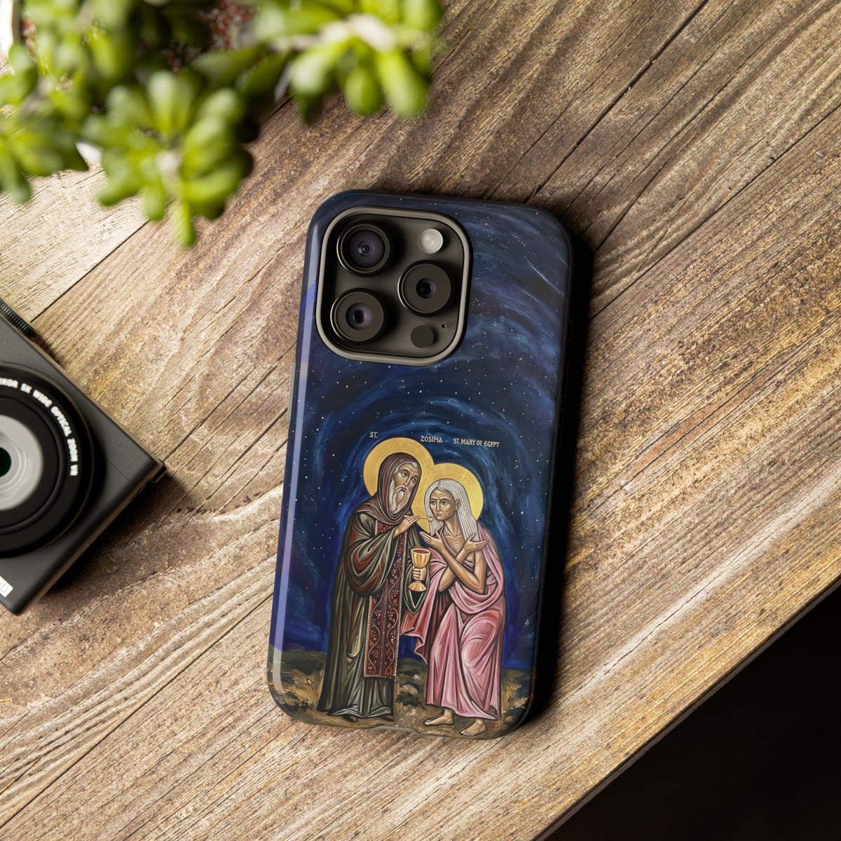 Christelijk telefoonhoesje Maria van Egypte en Sint-Zosimas donkerblauw mat
