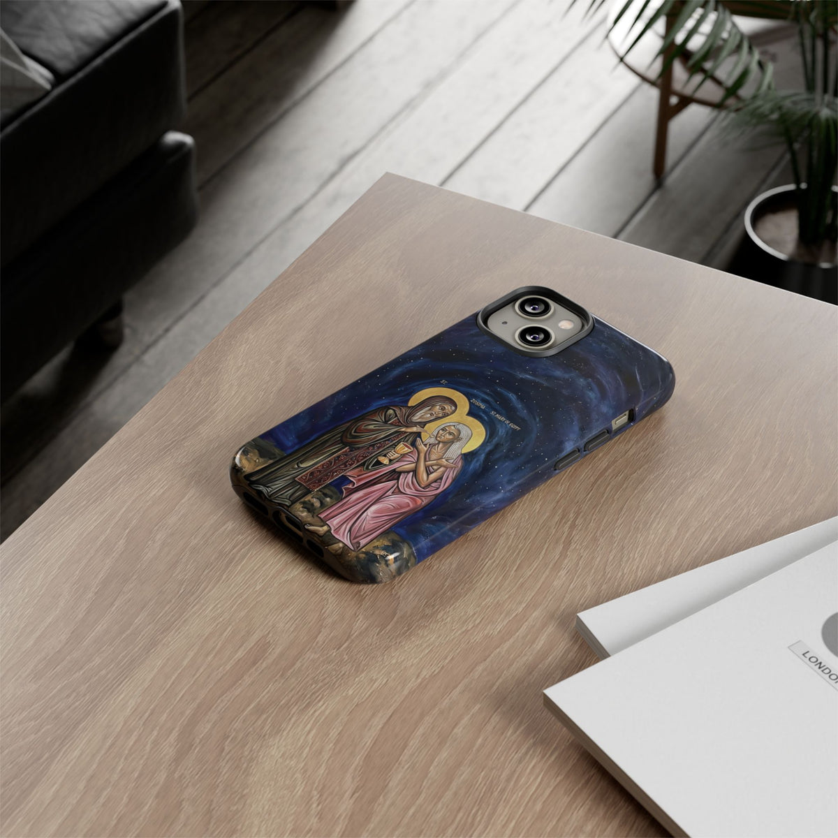 Christelijk telefoonhoesje Maria van Egypte en Sint-Zosimas donkerblauw mat