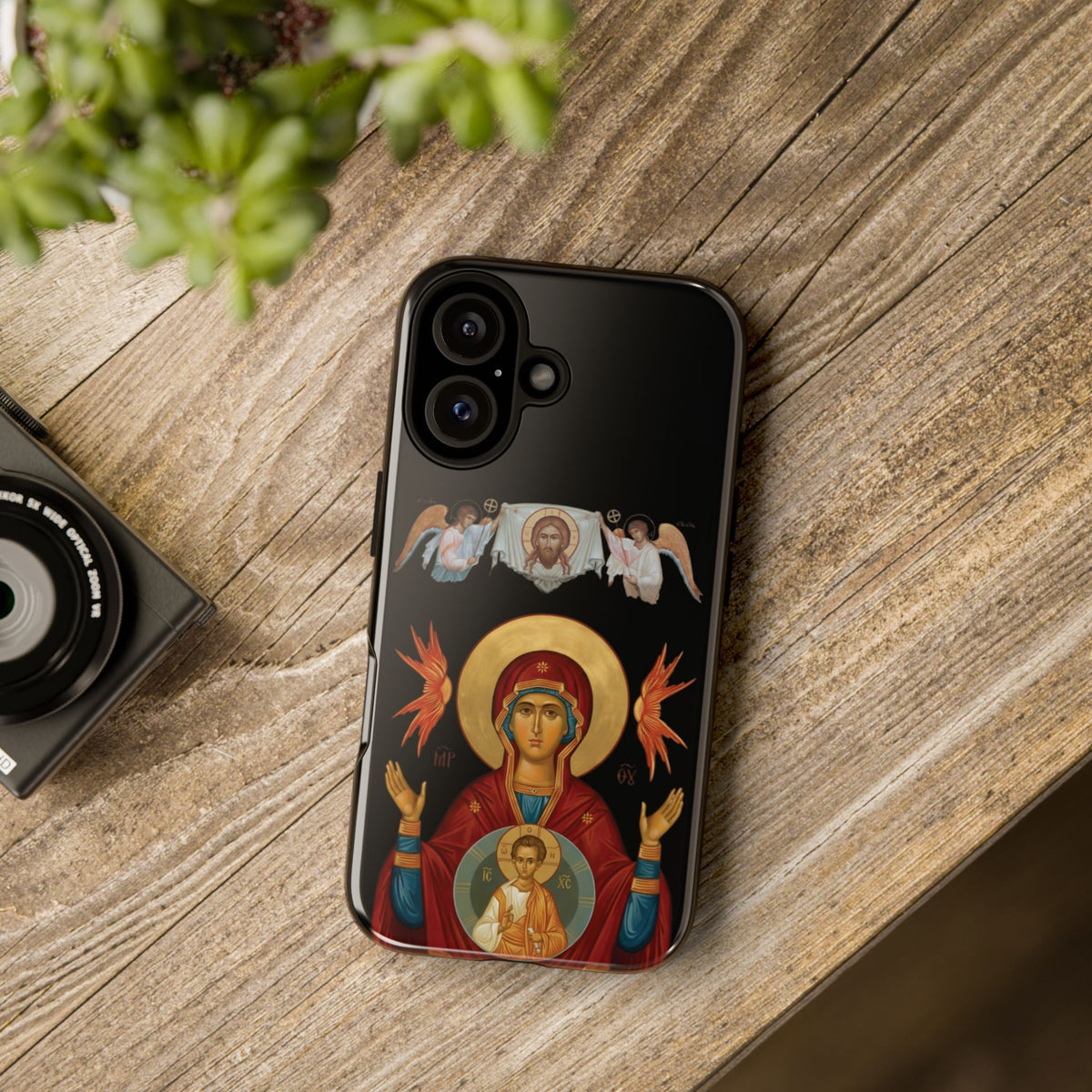 Christelijk telefoonhoesje De Heilige Maagd Maria zwart mat