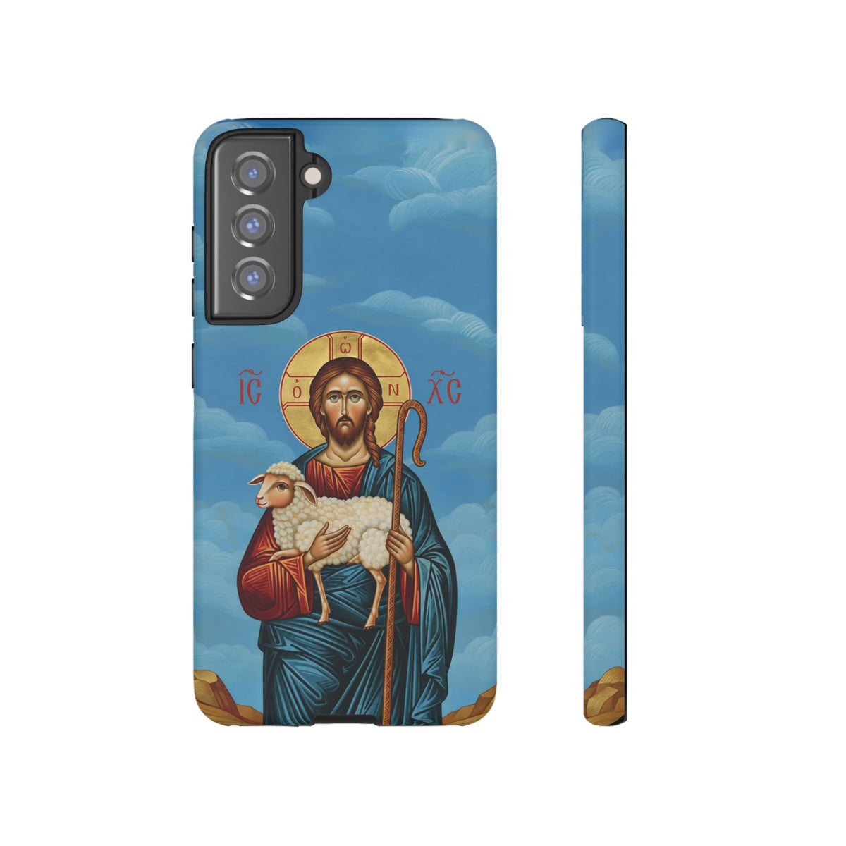 Christelijk telefoonhoesje De Goede Herder blauw mat