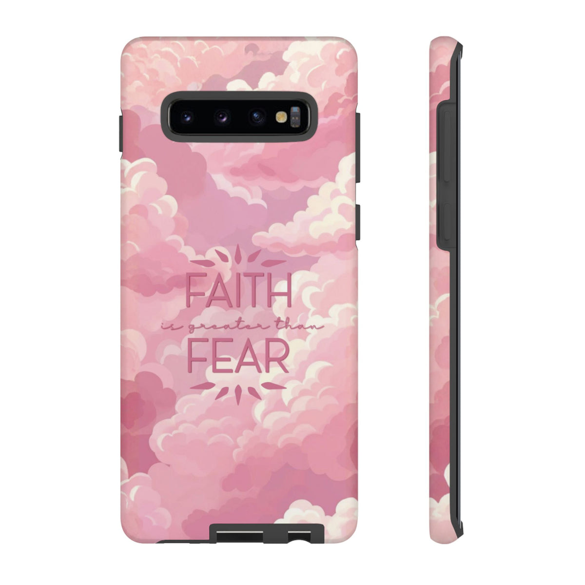 Christelijk telefoonhoesje Geloof is sterker dan angst roze mat