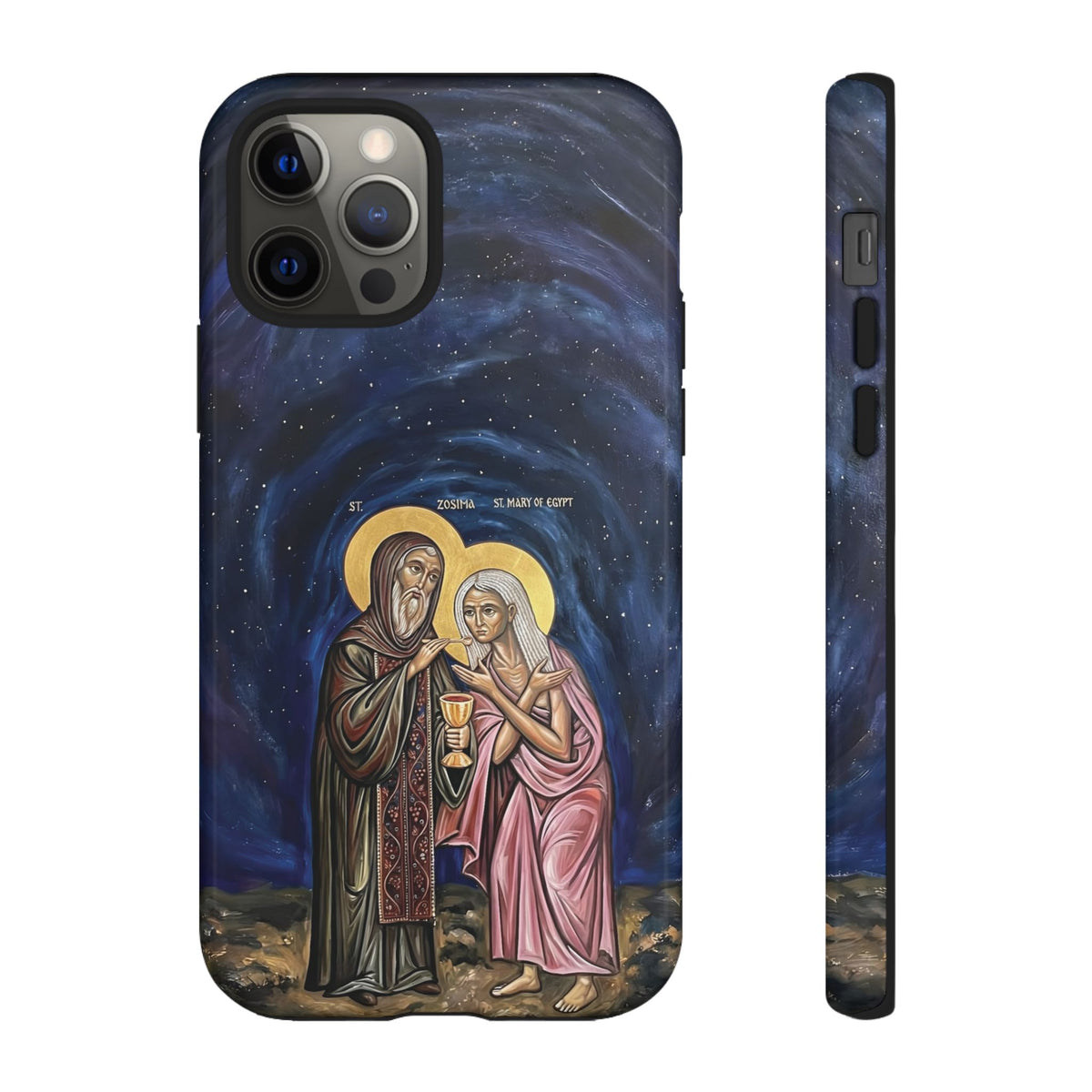 Christelijk telefoonhoesje Maria van Egypte en Sint-Zosimas donkerblauw mat