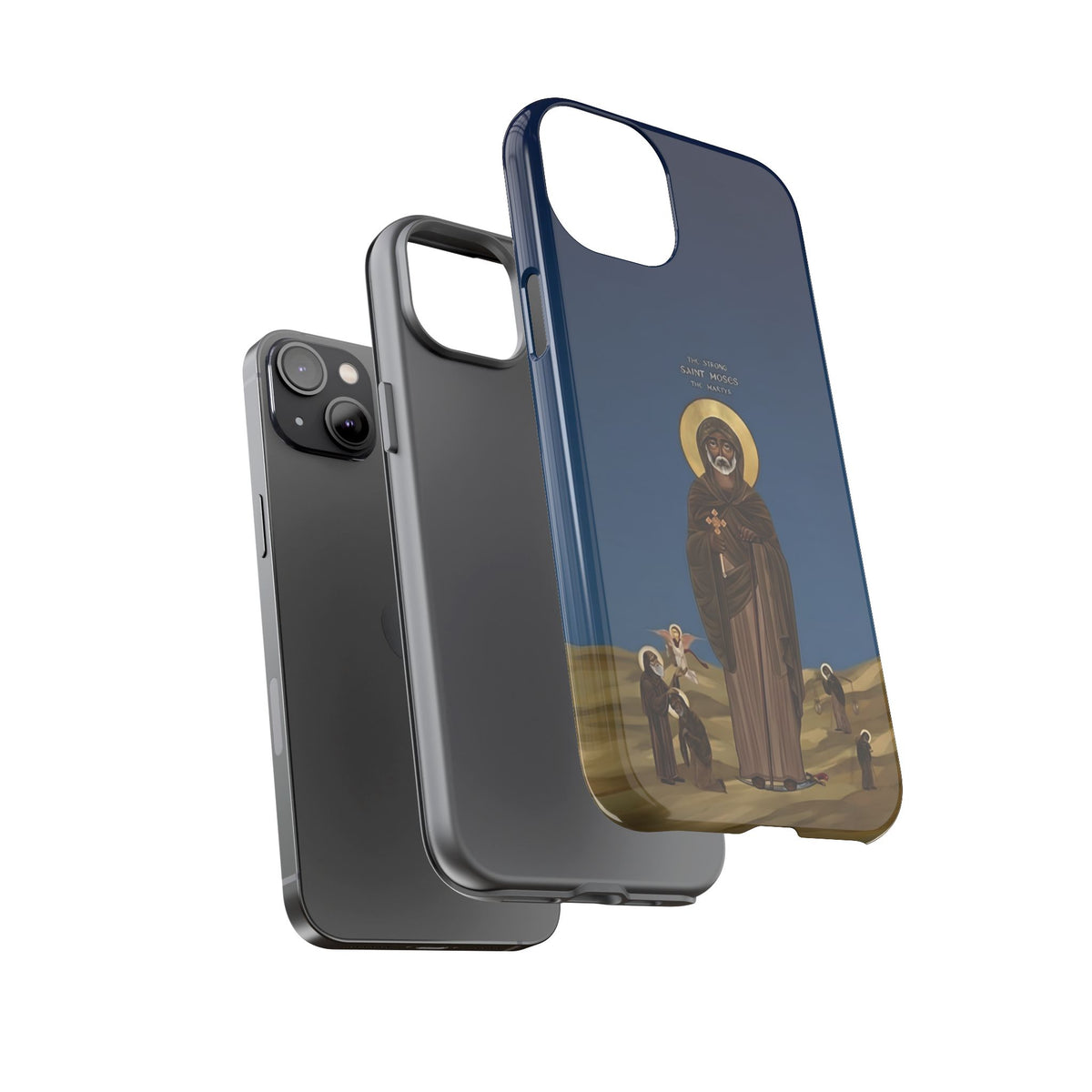 Christelijk telefoonhoesje Sint-Mozes de Sterke blauw mat