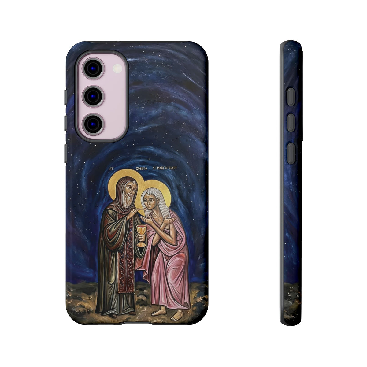 Christelijk telefoonhoesje Maria van Egypte en Sint-Zosimas donkerblauw mat