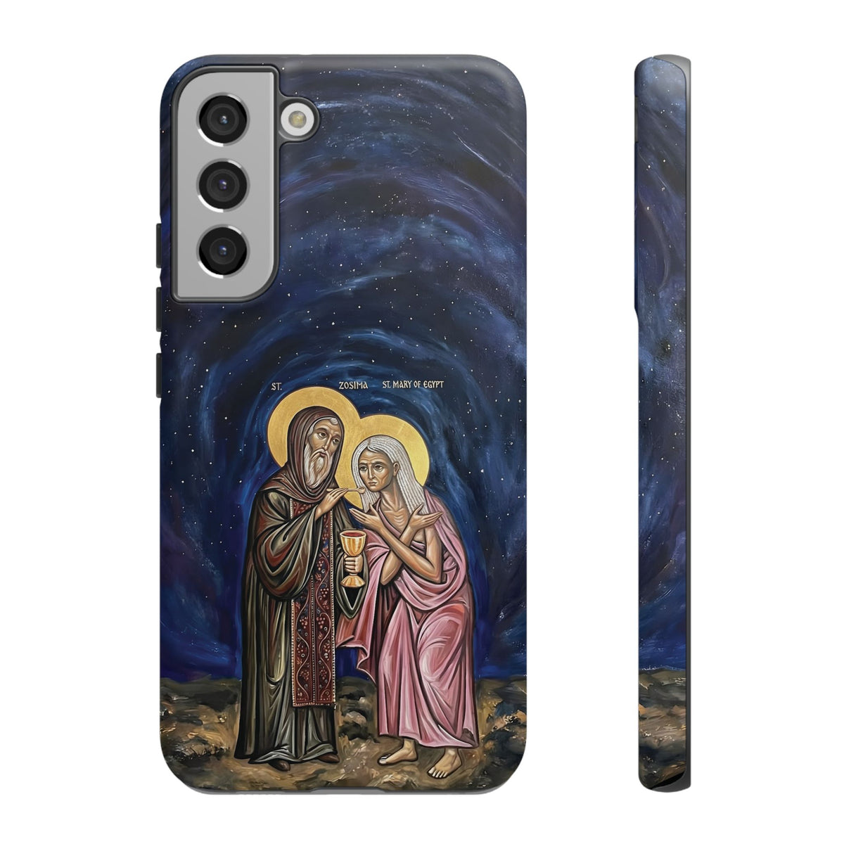 Christelijk telefoonhoesje Maria van Egypte en Sint-Zosimas donkerblauw mat