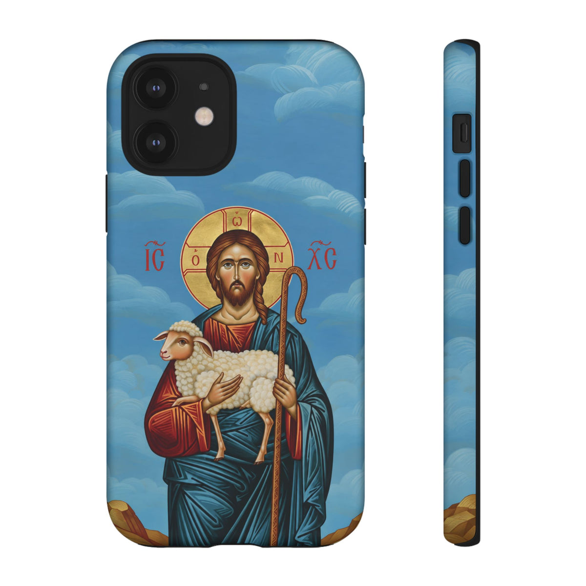 Christelijk telefoonhoesje De Goede Herder blauw mat