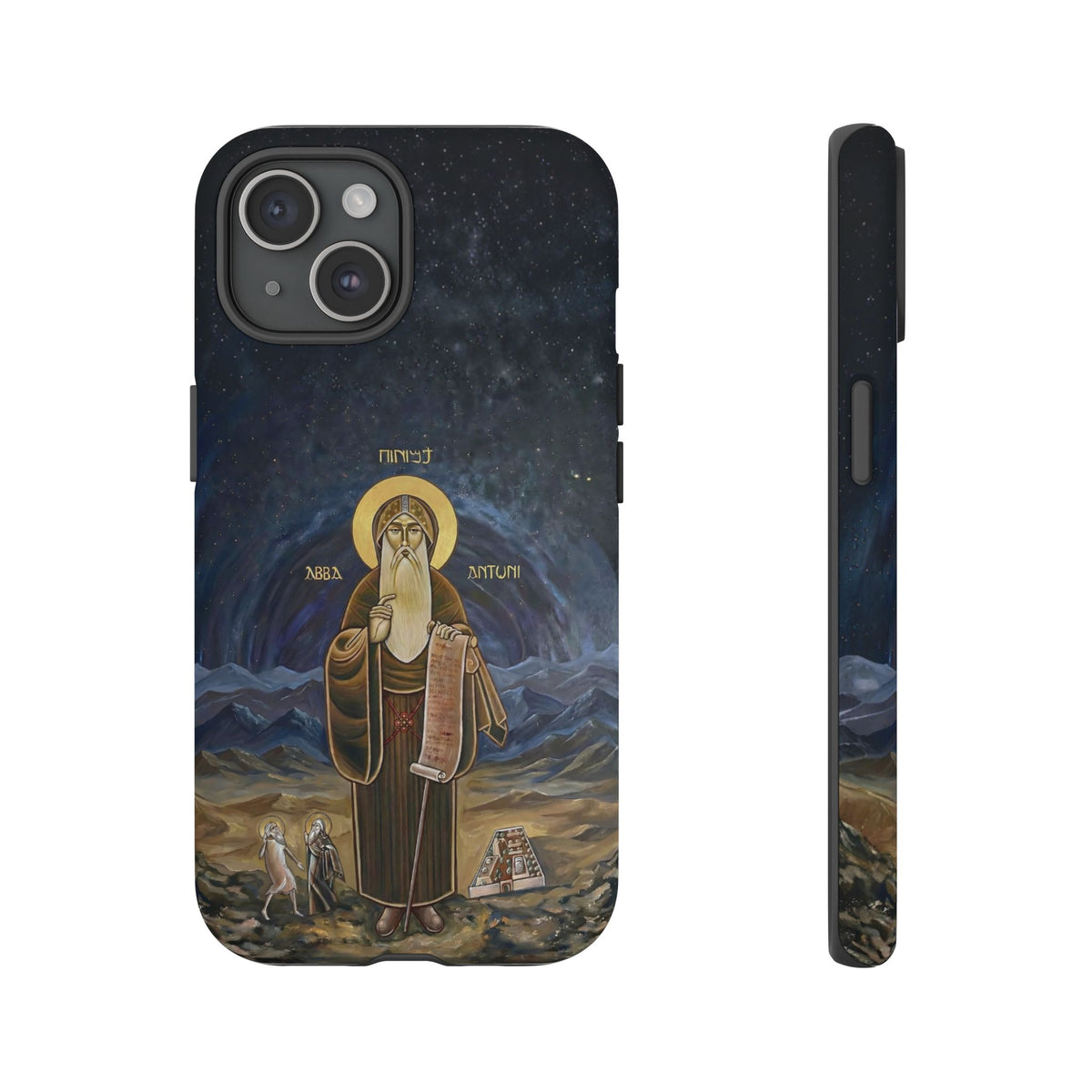 Christelijk telefoonhoesje Sint-Antonius de Grote donkerblauw mat