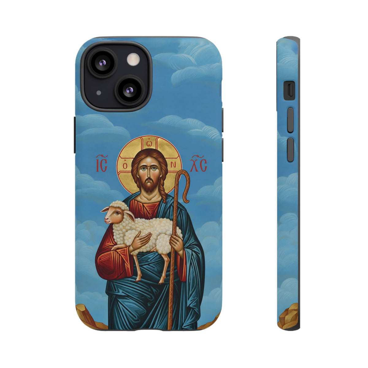 Christelijk telefoonhoesje De Goede Herder blauw mat