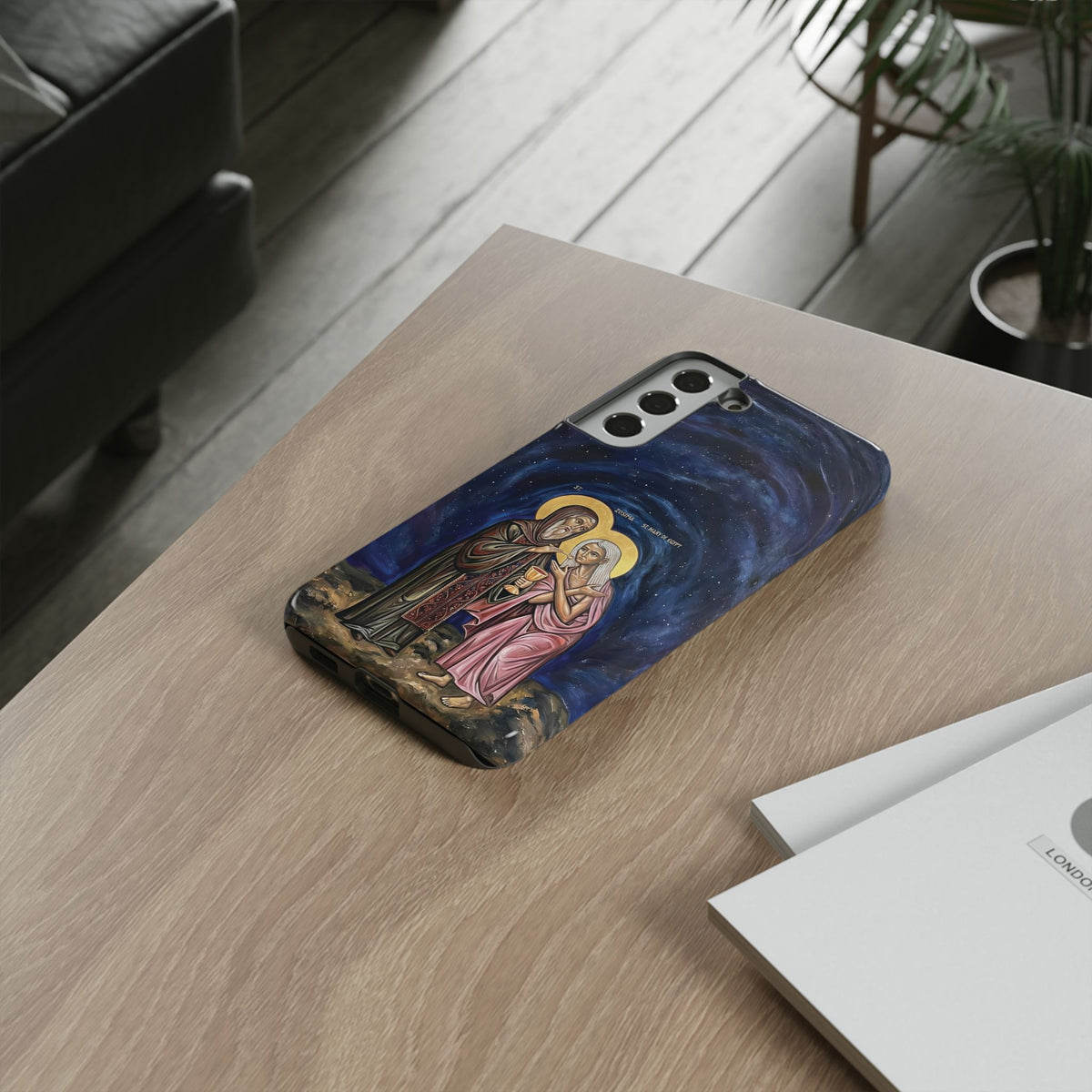 Christelijk telefoonhoesje Maria van Egypte en Sint-Zosimas donkerblauw mat