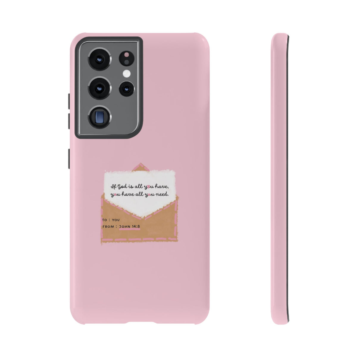 Christelijk telefoonhoesje God is alles wat je nodig hebt roze mat