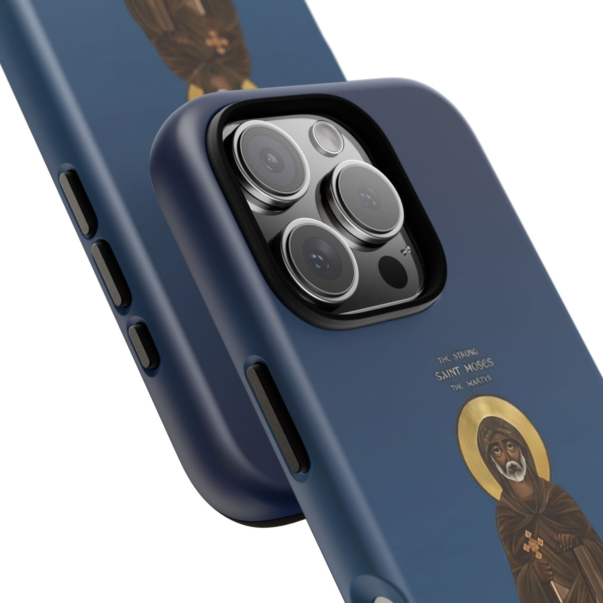 Christelijk telefoonhoesje Sint-Mozes de Sterke blauw mat