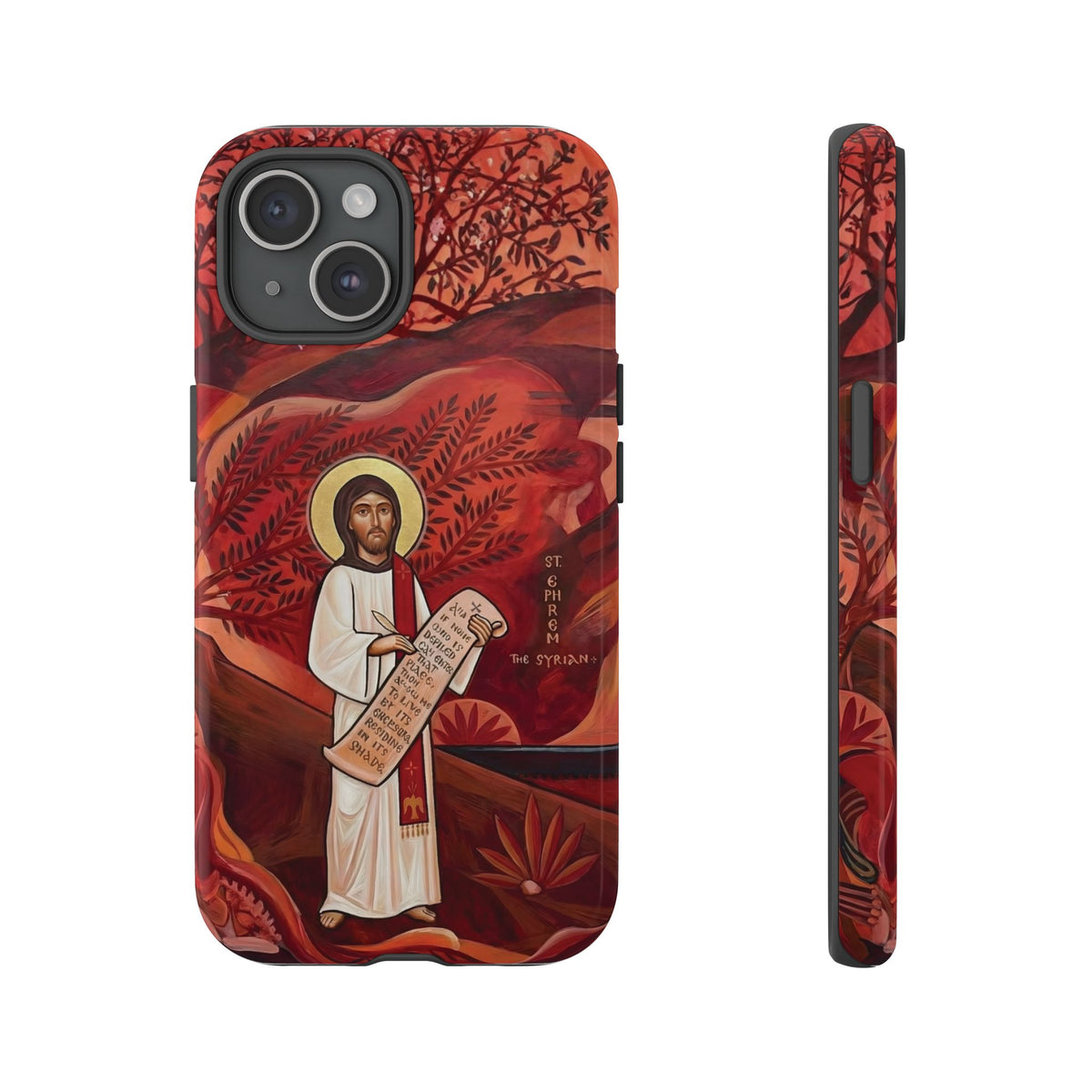 Christelijk telefoonhoesje Sint-Efrem de Syriër rood mat