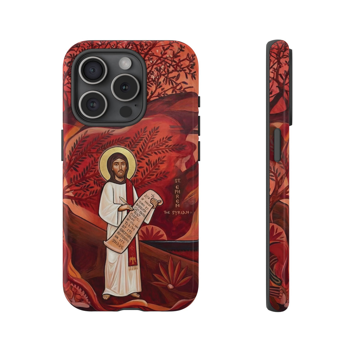 Christelijk telefoonhoesje Sint-Efrem de Syriër rood mat