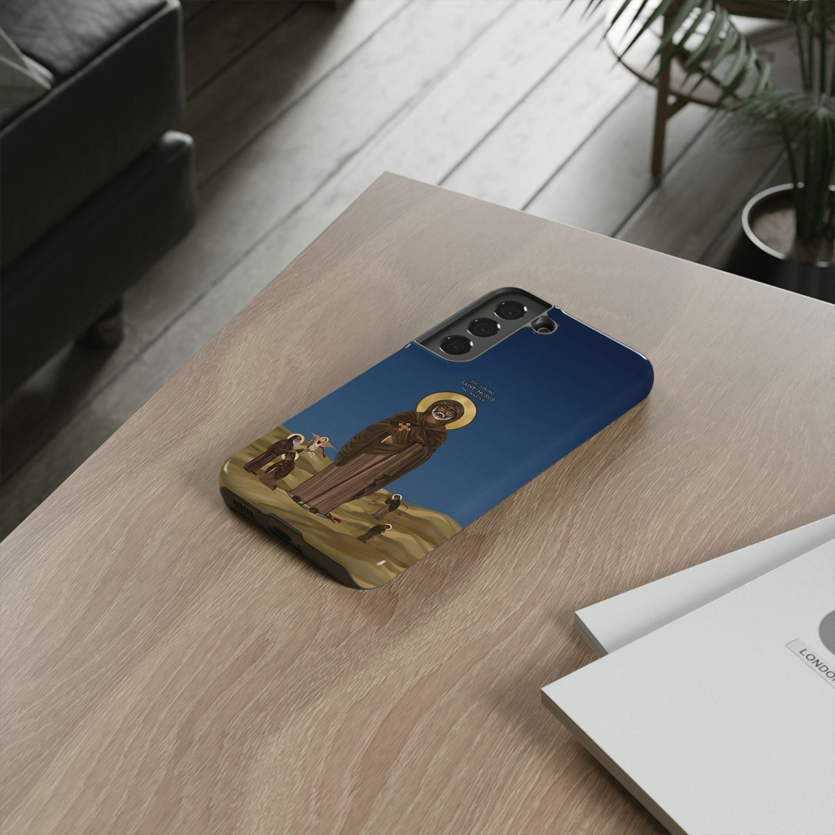 Christelijk telefoonhoesje Sint-Mozes de Sterke blauw mat